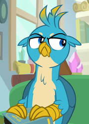 Size: 518x720 | Tagged: safe, screencap, gallus, griffon, student counsel, :c, >:c, book, chest fluff, claws, cropped, frown, gallus is not amused, grumpy, male, solo