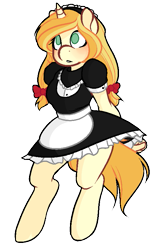 Size: 515x831 | Tagged: safe, artist:lvling-up, oc, oc:vive, anthro, unicorn, anthro oc, apron, arm behind back, blushing, bow, clothes, green eyes, maid, pigtails, simple background, transparent background