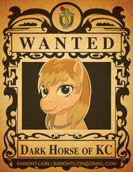 Size: 2550x3300 | Tagged: safe, artist:samoht-lion, oc, oc only, oc:dark horse, oc:dusty katt, earth pony, pony, bust, earth pony oc, female, jewelry, mare, necklace, smiling, solo, text, wanted poster