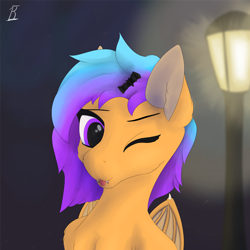 Size: 5000x5000 | Tagged: safe, artist:littlepony115, oc, oc:mandarin, bat pony, pony, bust, female, gradient mane, halloween, holiday, lamppost, mare, night, orange coat, purple eyes, solo, two toned mane