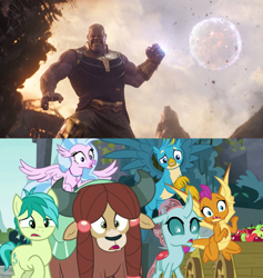 Size: 864x912 | Tagged: safe, edit, edited screencap, editor:mega-poneo, screencap, gallus, ocellus, sandbar, silverstream, smolder, yona, school daze, avengers: infinity war, crossover, infinity gauntlet, magic, meme, moon, scared, student six, telekinesis, thanos