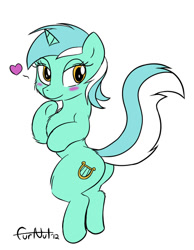 Size: 553x711 | Tagged: safe, artist:furnut5158, lyra heartstrings, pony, unicorn, blushing, butt, female, heart, mare, plot, simple background, solo, underhoof, white background