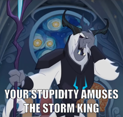 Size: 880x838 | Tagged: safe, edit, edited screencap, screencap, storm king, yeti, my little pony: the movie, antagonist, armor, canterlot castle, caption, cropped, crown, eyes closed, facepalm, fangs, horns, image macro, jewelry, laughing, meme, reaction image, regalia, staff, staff of sacanas, stained glass, text