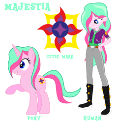 Size: 3634x3851 | Tagged: safe, artist:lhenao, oc, oc only, oc:majestia, human, unicorn, equestria girls, alternate timeline, alternate universe, cutie mark, offspring, parent:good king sombra, parent:king sombra, parent:princess celestia, parents:celestibra, photo, simple background, white background