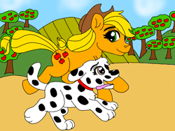 Size: 1024x768 | Tagged: safe, applejack, dog, earth pony, pony, apple, apple tree, dalmatian, running, sweet apple acres, tree