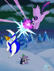 Size: 765x1001 | Tagged: safe, artist:kelseyleah, spike, twilight sparkle, twilight sparkle (alicorn), alicorn, human, pony, adventure time, crossover, fight, gunther, ice king