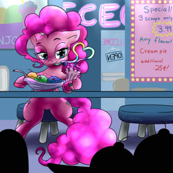 Size: 2000x2000 | Tagged: safe, alternate version, artist:furnut5158, pinkie pie, earth pony, pony, bedroom eyes, bendy straw, both cutie marks, crazy straw, drink, drinking, drinking straw, featureless crotch, female, food, hooves, ice cream, mare, neon, restaurant, sign, sitting, solo, table