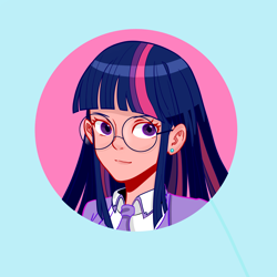 Size: 3600x3600 | Tagged: safe, artist:uncle wen, twilight sparkle, human, abstract background, bust, cute, ear piercing, earring, female, glasses, high res, humanized, jewelry, necktie, piercing, pixiv, portrait, solo, twiabetes