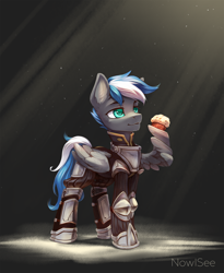 Size: 2046x2500 | Tagged: safe, artist:inowiseei, oc, oc:cloud zapper, pegasus, pony, armor, commission, food, high res, male, muffin, solo, wing hands, wings