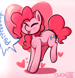 Size: 1475x1543 | Tagged: safe, artist:duckoiii, pinkie pie, earth pony, pony, :p, chest fluff, cute, diapinkes, eyes closed, female, mare, onomatopoeia, raspberry, raspberry noise, solo, tongue out