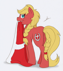 Size: 578x656 | Tagged: safe, artist:ravenpuff, oc, oc only, oc:valkyrie, earth pony, pony, braid, braided tail, cloak, clothes, earth pony oc, female, mare, mouth hold, smiling, solo