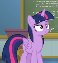 Size: 595x648 | Tagged: safe, screencap, twilight sparkle, twilight sparkle (alicorn), alicorn, pony, top bolt, chalkboard, cropped, female, lidded eyes, mare, smiling, smuglight sparkle, solo
