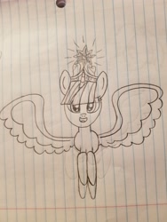 Size: 3024x4032 | Tagged: safe, artist:rainbow dash is best pony, twilight sparkle, twilight sparkle (alicorn), alicorn, pony, big crown thingy, cute, element of magic, jewelry, lined paper, open mouth, pencil drawing, regalia, solo, spread wings, traditional art, twiabetes, wings