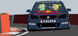 Size: 2263x1051 | Tagged: safe, artist:didgereethebrony, oc, oc:didgeree, oc:ponyseb, pegasus, pony, 888, bathurst, caltex, car, colored, concrete wall, craig lowndes, flat colors, helmet, holden, holden commodore, hot lap, mlp in australia, mount panorama, mount panorama circuit, race track, racecar, red bull, scared, trace, v8 supercars