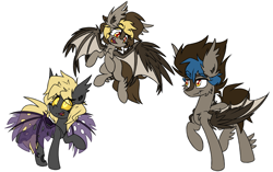 Size: 3791x2375 | Tagged: safe, artist:nekro-led, oc, oc only, oc:graceful motion, oc:night striker, oc:shadow (sh-1014), bat pony, changeling, hybrid, original species, double colored changeling, fangs, fusion, simple background, white background