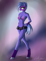 Size: 2121x2828 | Tagged: safe, artist:dreamyartcosplay, oc, oc only, oc:night blossom, anthro, earth pony, unguligrade anthro, abstract background, anthro oc, bra, clothes, earth pony oc, female, leg warmers, legs, mare, mask, miniskirt, not luna, panties, see-through, see-through skirt, skirt, solo, thong, underwear, wrestler