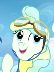 Size: 708x938 | Tagged: safe, screencap, vapor trail, pegasus, pony, top bolt, clothes, cropped, cute, female, goggles, mare, open mouth, raised hoof, smiling, solo, uniform, vaporbetes, wonderbolt trainee uniform