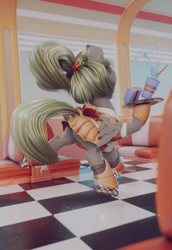 Size: 623x904 | Tagged: safe, artist:v747, derpibooru import, oc, oc only, oc:fenderella bass, pegasus, pony, 3d, diner, one eye closed, plot, roller skates, solo, waitress, wink