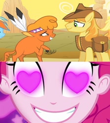 Size: 844x947 | Tagged: safe, artist:themexicanpunisher, edit, edited screencap, screencap, braeburn, little strongheart, pinkie pie, coinky-dink world, eqg summertime shorts, equestria girls, over a barrel, braeheart, female, heart eyes, male, shipping, straight, wingding eyes