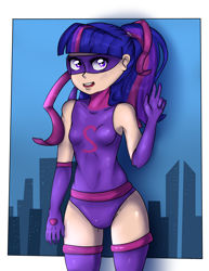 Size: 2700x3500 | Tagged: safe, artist:ranillopa, derpibooru import, sci-twi, twilight sparkle, human, equestria girls, clothes, female, hero, human coloration, leotard, looking at you, magic gaia, sci-titan, solo, superhero, titan, wakai