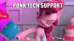 Size: 600x336 | Tagged: safe, edit, edited screencap, screencap, pinkie pie, earth pony, pony, hello pinkie pie, 3d, animated, balloon, caption, image macro, mallet, meme, percussive maintenance, ponk, saw, screwdriver, solo, tech support, text, tongue out, wrench