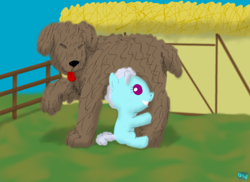 Size: 550x400 | Tagged: safe, artist:quint-t-w, screw loose, dog, earth pony, pony, female, fence, filly, foal, house, hug, old art, tongue out