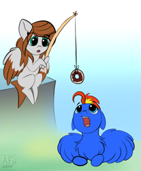 Size: 2612x3150 | Tagged: safe, artist:airfly-pony, oc, oc:scarlett drop, oc:wing hurricane, pegasus, pony, chibi, cute, donut, fishing rod, food, rcf community, shipping