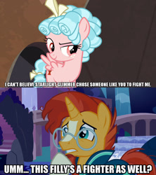 Size: 1280x1440 | Tagged: safe, edit, edited screencap, screencap, cozy glow, sunburst, pegasus, pony, unicorn, frenemies (episode), student counsel, caption, female, filly, image macro, male, meme, text