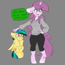 Size: 2000x2000 | Tagged: safe, artist:spoopygander, oc, oc:apogee, oc:mulberry tart, anthro, pegasus, pony, unguligrade anthro, unicorn, anthro with ponies, clothes, female, filly, mare, petting, talking