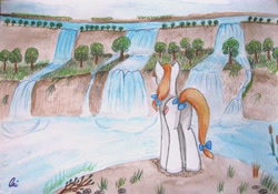 Size: 3746x2617 | Tagged: safe, artist:0okami-0ni, oc, oc only, bow, rear view, solo, traditional art, waterfall