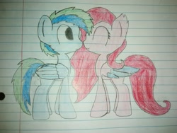 Size: 2592x1944 | Tagged: safe, artist:flame starkly, oc, oc only, oc:airy wu, oc:molly d, pegasus, pony, boop, colored wings, colored wingtips, lined paper, noseboop, race swap, traditional art