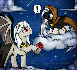 Size: 550x500 | Tagged: safe, artist:rumay-chian, oc, oc:angela starlight, oc:dracula, pony, vampony, bat wings, cloak, clothes, cloud, exclamation point, flower, night, pegasus oc, red eyes, rose, sky, socks (coat marking), stars, wings