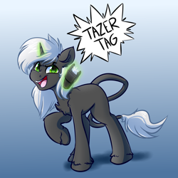 Size: 4000x4000 | Tagged: safe, artist:witchtaunter, oc, pony, unicorn, absurd resolution, commission, gradient background, long tail, magic, solo, speech bubble, stun gun, taser, telekinesis, this will end in pain