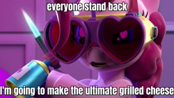 Size: 1920x1080 | Tagged: safe, edit, edited screencap, screencap, pinkie pie, earth pony, pony, hello pinkie pie, 3d, blowtorch, caption, goggles, hoof hold, image macro, meme, solo, text, torchie pie