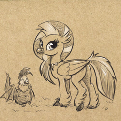 Size: 1125x1125 | Tagged: safe, artist:el-yeguero, silverstream, classical hippogriff, cockatrice, hippogriff, student counsel, butt, colored hooves, cute, diabedith, diastreamies, edith (cockatrice), female, jewelry, looking at you, looking back, looking back at you, monochrome, necklace, plot