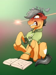 Size: 3057x4096 | Tagged: safe, artist:lupiarts, quibble pants, earth pony, pony, absurd resolution, angry, book, clothes, hoofbutt, male, rage, reading, signature, sitting, solo, stallion, teeth, underhoof