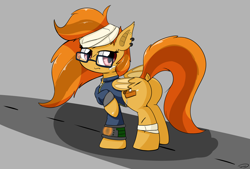 Size: 3496x2362 | Tagged: safe, artist:taurson, oc, oc:pumpkin spice, bat pony, pony, fallout equestria, bat pony oc, clothes, dock, ear piercing, fanfic art, female, looking back, mare, piercing, pipbuck, raised hoof, solo