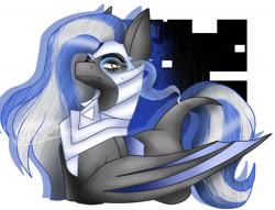 Size: 1405x1075 | Tagged: safe, artist:krissograph, oc, oc only, bat pony, pony, abstract background, alternate universe, armor, bat pony oc, commission, female, helmet, leonine tail, lidded eyes, looking at you, mare, peytral, solo