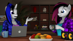 Size: 1920x1080 | Tagged: safe, artist:vision, derpibooru import, oc, oc:fresh beats, oc:vision, anthro, pegasus, unicorn, 3d, clothes, computer, conversation, decoration, duo, female, fruit, laptop computer, mare, mug, picture frame, plant, shirt, source filmmaker, speaker, sweater