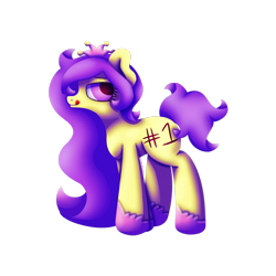 Size: 1920x1920 | Tagged: safe, artist:embroidered equations, oc, oc only, oc:flutterby, earth pony, pony, body writing, lineless, lineless art, lineless fullbody, long mane, purple, purple eyes, purple mane, purple tail, short tail, simple background, solo, transparent background, yellow, yellow coat