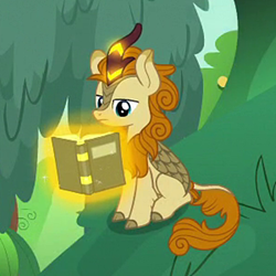 Size: 400x400 | Tagged: safe, derpibooru import, screencap, autumn afternoon, kirin, sounds of silence, background kirin, book, cropped, levitation, magic, male, reading, sitting, solo, telekinesis