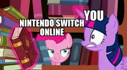 Size: 1024x564 | Tagged: safe, derpibooru import, edit, edited screencap, screencap, pinkie pie, twilight sparkle, twilight sparkle (alicorn), alicorn, earth pony, pony, pinkie apple pie, book, bookshelf, female, lesbian, mare, meme, nintendo switch online, shipping, twinkie