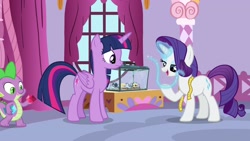 Size: 1920x1080 | Tagged: safe, screencap, rarity, spike, twilight sparkle, twilight sparkle (alicorn), alicorn, dragon, pony, spider, unicorn, the last problem, gem, magic, measuring tape