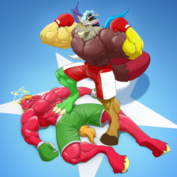 Size: 2123x2123 | Tagged: safe, artist:ponyanony, derpibooru import, big macintosh, discord, anthro, unguligrade anthro, boxing, deltscord, duo, duo male, great macintosh, male, muscles, sports, unconscious