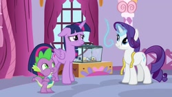 Size: 1920x1080 | Tagged: safe, screencap, rarity, spike, twilight sparkle, twilight sparkle (alicorn), alicorn, dragon, pony, spider, unicorn, the last problem, floppy ears, gem, magic, measuring tape