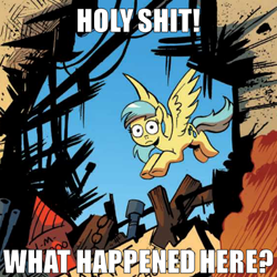 Size: 500x500 | Tagged: safe, artist:andypriceart, edit, sunshower raindrops, pegasus, pony, spoiler:comic, spoiler:comic09, background pony, caption, cropped, female, image macro, mare, official art, reaction image, shocked, shocked expression, solo, swearing, text, vulgar