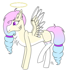 Size: 807x850 | Tagged: safe, artist:derpyhooves567, oc, oc only, oc:sugar (angel), angel, angel pony, original species, pegasus, pony, blaze (coat marking), chest fluff, clothes, coat markings, ear fluff, female, halo, mare, pale belly, raised hoof, simple background, socks, solo, tattoo, transparent background