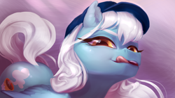 Size: 1600x900 | Tagged: safe, artist:resurgam_snova, oc, oc only, oc:ice, pegasus, pony, bueno, bust, domination, ear fluff, female, femdom, golden eyes, licking, licking lips, looking at you, mare, portrait, solo, tongue out, wingding eyes