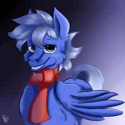 Size: 3000x3000 | Tagged: safe, artist:rainy105, oc, oc only, oc:daily air, pegasus, pony, clothes, gradient background, looking at you, male, scarf, sign, smiling, solo