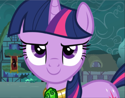 Size: 1195x939 | Tagged: safe, screencap, twilight sparkle, unicorn twilight, pony, unicorn, magic duel, amulet, close-up, confident, cropped, jewelry, looking at you, smiling, solo